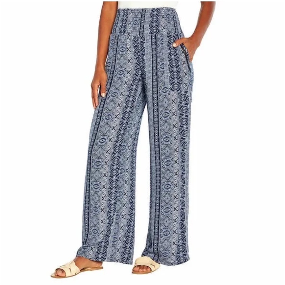 Three Dots Blue Paisley Print Wide-Leg Pants Size M